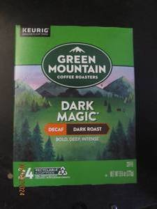 package of green mountain dark magic decaf dark roast 24 pods best by date of feb 2026