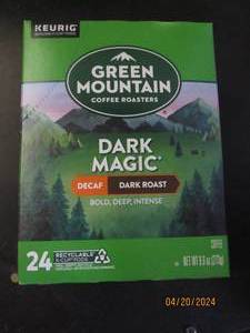 package of green mountain dark magic decaf dark roast 24 pods best by date of feb 2026
