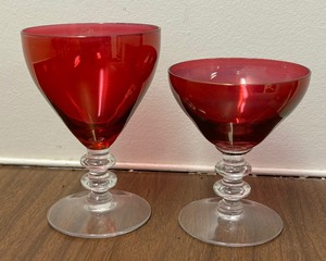 Vintage Cranberry Accented Glass Plates and Stemware