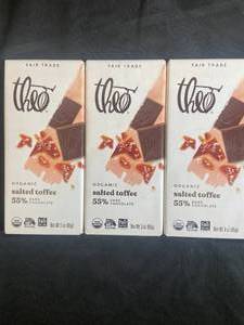 lot 235 image: Theo Organic Salted Toffee 55% Dark Chocolate - 3-Pack Best by 102023