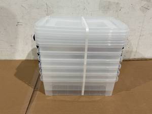 lot 114 image: LOT OF 6 Superio Clear Storage Bins with Lids, Stackable Storage Box with Latches and Handles