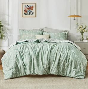lot 301 image: Bedsure 3 Pieces Sage Green Floral Comforter Sets, 1 Soft Reversible Botanical Flowers Comforter and 2 Pillow Shams, Queen Size