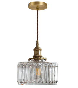 lot 302 image: Glass Hanging Lights One-Light Vintage Pendant Light Fixtures with Clear Striped Glass Shade