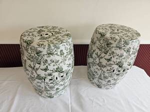 Chinoiserie Porcelain Green Floral Pattern Drum TableStool (Pair)