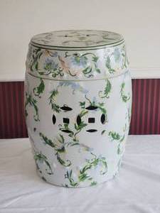 Beautiful Fine Chinese Porcelain Floral Drum Table - White  Green  Blue