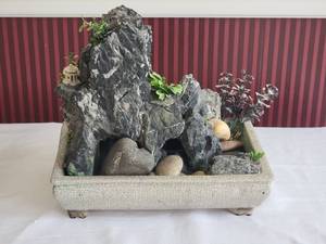 Peaceful Natural Stone Zen Landscape Miniature in Ceramic Basin