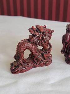 Playful Cinnabar Carved Figurines - Buddha & Dragon
