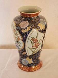 Exotic Fine Chinese Painted Ceramic Vase - Cobalt  Gold  Orange