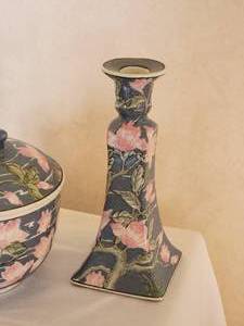 Beautiful Fine Chinese Painted Ceramic Decor Set - Candlesticks & Tea Jar (3)