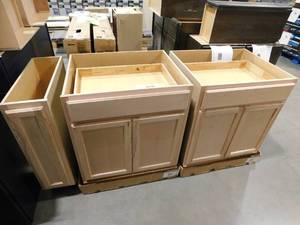 lot 59 image: Hampton Bay Assembled Base Kitchen Cabinet in Unfinished with Recessed Panel Lot of 3