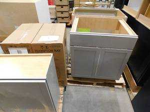 lot 65 image: Hampton Bay Shaker Assembled Kitchen Cabinet in Gray Lot of 5