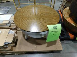 lot 79 image: American Heritage 30 in. DriftwoodWhite Round Wood Top Coffee Table with Shelf