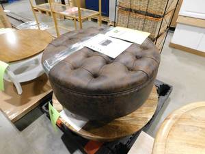 lot 81 image: SIDA 30 in. Round Storage Ottoman, PU Leather, Traditional Style, Nail Head Tufted Seating, Footrest Stool Bench, Brown