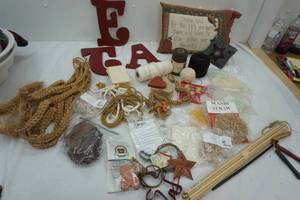 lot 167 image: Plant holder, decor pillow, Wax ornaments, Scandi Straw & other craft supplies