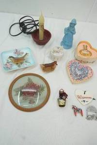 lot 44 image: Vintage Perfume, trinket box, stone wienner dog figure, Blue Girls figure and more