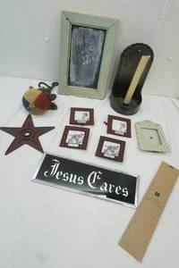 lot 45 image: Decor, 4 mini picture frames, Tin Candle holder with candle, Jesus Cares