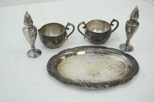 lot 59 image: Silver Cream & Sugar, Salt & Pepper, serving tray