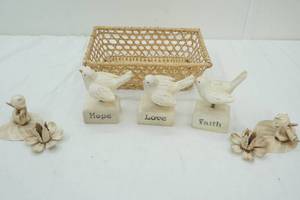 lot 61 image: Bird Decor and 2 vintage angle candle holders, small wicker basket