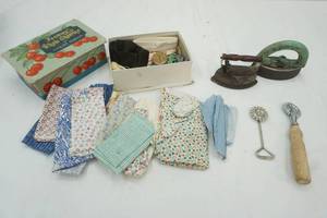 lot 63 image: Vintage Irons, cloth, clothing trim and more