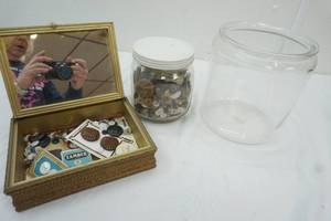 lot 64 image: Vintage Jewerly Box with buttons, Glass Jar of Buttons, Glass Jar missing cover