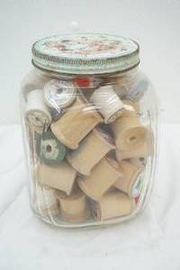 lot 76 image: Vintage Jar with Lid & Sewing Spools