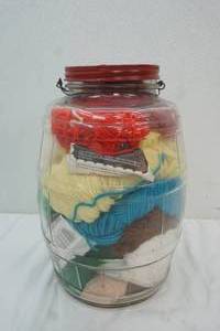 lot 78 image: Vintage Jar with Lid,Handle and a variety of yarn