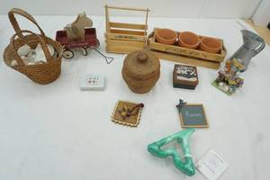 lot 94 image: Variety of Home Decor, small wicker basket with shells, small planters, small wicker basket with top, little wagon & horse anf more