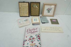 lot 126 image: Variety of Small Decor Pictures with sayings, Quiet Times for Couples Book, and more
