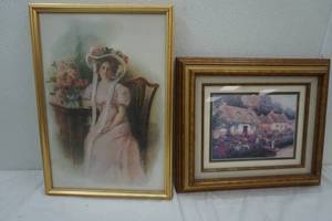 lot 148 image: Cottage Picture and Picture of a Lady in a dress with flowers