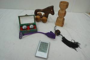 lot 197 image: Vintage  Syncpsis Healty Balls, Wood Candle stick holder, clip light, small wood horse