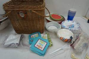 lot 198 image: Wicker Picnic Basket with Paper Plates, Cups, Spoons, bowls, napkins, table cloth clips & table cloth