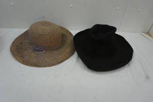 lot 205 image: 2 Hats, Black Cowboy Hat & Straw Hat