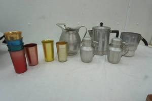 lot 174 image: Vintage Aluminum Drinking Glasses, Coffee Pot, Water pictcher and more
