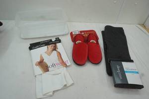 lot 189 image: New Red Pillow Slippers, 2 Pair Leggings SM & ML and Cuddle Duds Shirt