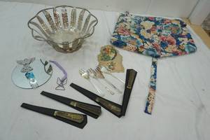 lot 208 image: Bread Basket, flower apron, silver plated forks, 4 1984 letter openers and more