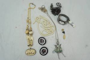 lot 269 image: Vintage Bone Necklace, New bracelet,  Flower Bracelet, Clip earrings and Angel necklace