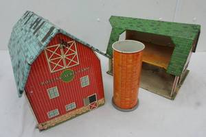lot 275 image: Kids Toy Tin Barns & Tin Silo with out top