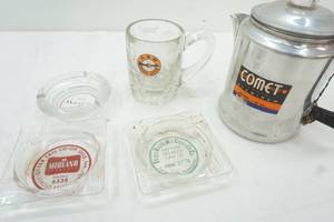 lot 280 image: Advertising Ashtrays, Coffee Pot (appears complete) & A&W Mug