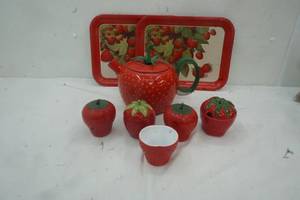 lot 66 image: 3 Strawberry Jam Jars, Cast Enamel Tea Pot, 2 Strawberry trays,