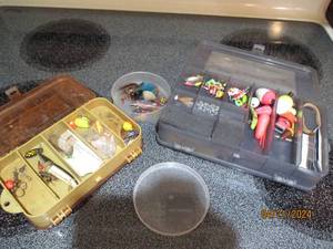 lot 38 image: Assortment of fishing baits and lures encased in small organizers