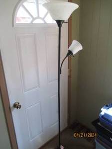lot 59 image: Matte Black free standing adjustable floor lamp with frosted glass shades