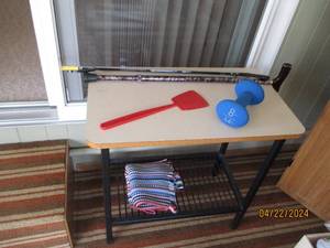 lot 64 image: Metal framed Entry style table with wood top, Helping hand tool with grabber and magnet end, floor mats and more