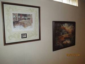 lot 75 image: Framed and matted Les Kouba signed edition Lutefisk Unlimited Stamp Print plus a canvas painting by W.Wilson