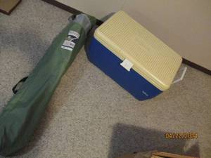 lot 77 image: Vintage Igloo Cooler and North Crest hard arm folding quad chair