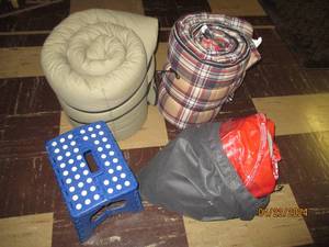 lot 84 image: Camping collection consisting of sleeping bags, stool and air mattress
