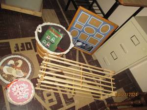 lot 86 image: 2-drawer standard size file cabinet, wood shield rack and misc home decor