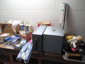 lot 95 image: Metal lock boxes, vintage hanging lamp, light covers plus household maintenance tools and supplies