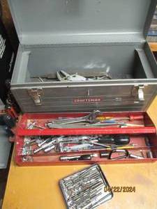 lot 108 image: Metal craftsman toolbox and variety of hand tools