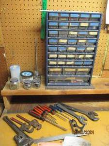 lot 109 image: Multi-compartment part organizer with content plus screwdrivers, pipe Wrench and other misc