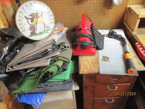 lot 112 image: Assortment of tarps, floor covering, hand vac, outdoor Thermometer, wrench rack and garden sprayer